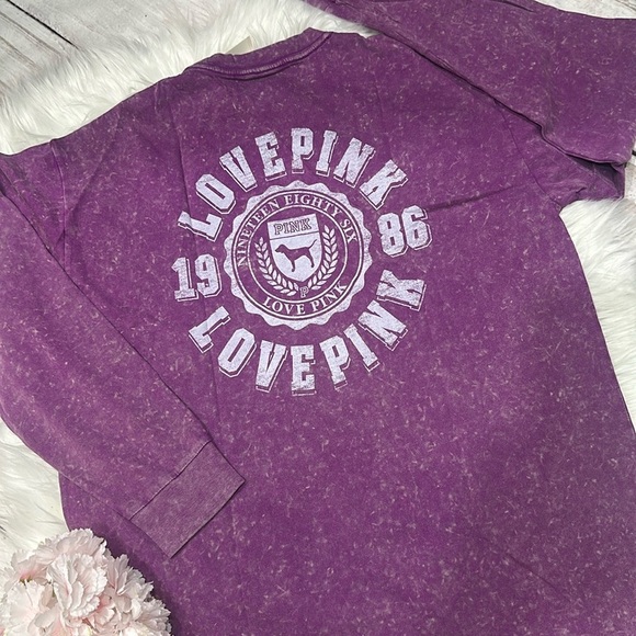Pink Victoria’s Secret Distressed Acid Wash Crew Neck Long Sleeve Top Size Small - Picture 7 of 11